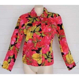 Chico's 2 M 8 10 Colorful Garden Blooms Linen Cotton Jean Styled jacket Pockets